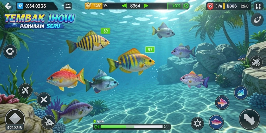 Screenshot menampilkan aksi menembak ikan di laut yang cerah.