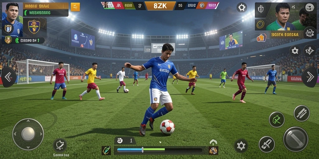 Gameplay 8ZK menampilkan aksi sepak bola yang mendebarkan.