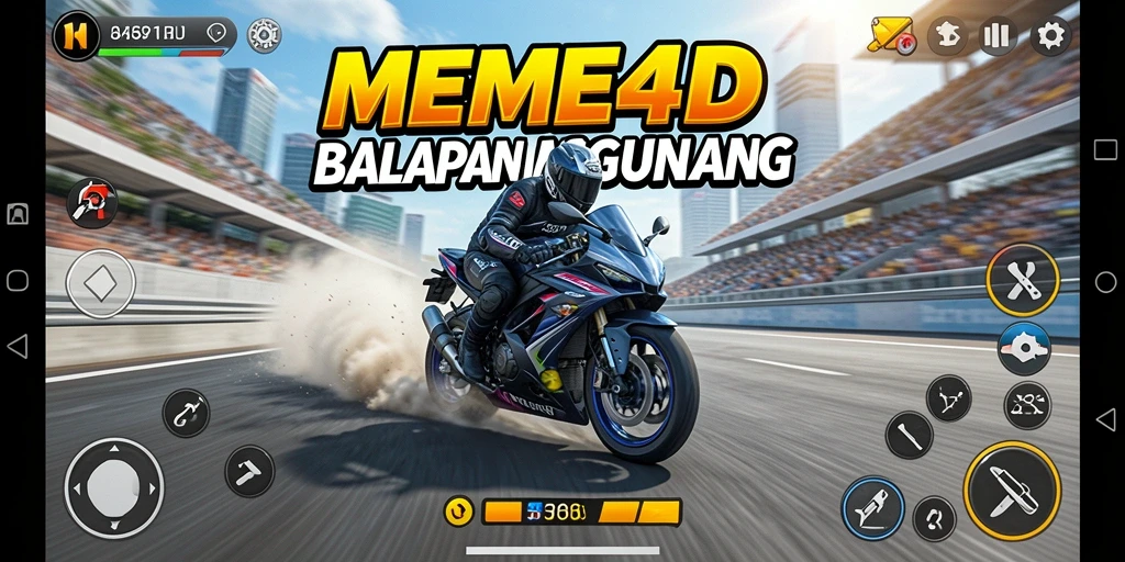 Screenshot gameplay <strong>MEME4D</strong> menunjukkan balapan motor yang seru dan penuh aksi.