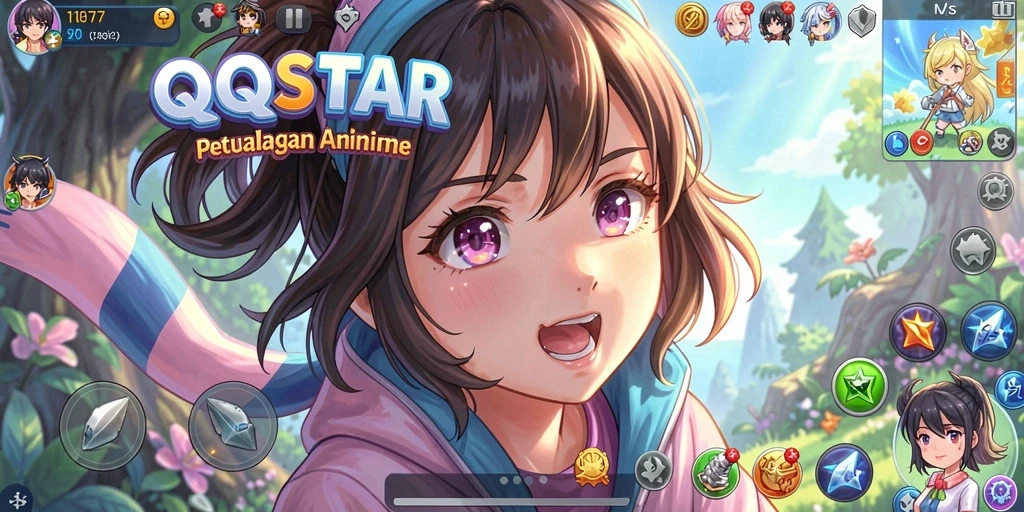 Gameplay QQSTAR menampilkan karakter anime yang memukau dan suasana permainan yang dinamis.