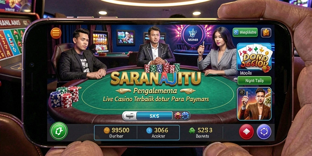 Screenshot SARANAJITU menampilkan dealer langsung dan pemain yang berinteraksi.