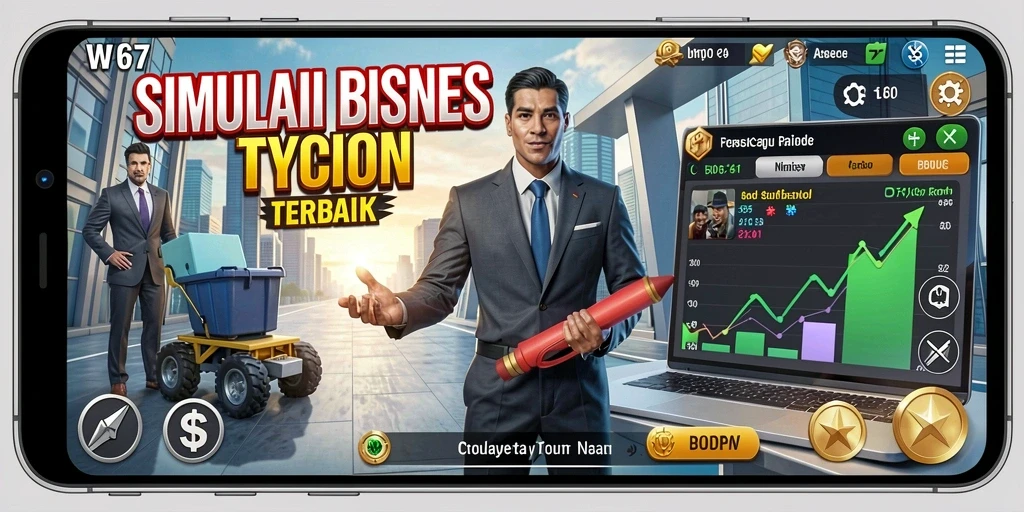Tampilan gameplay W67 yang menampilkan manajemen bisnis yang seru.