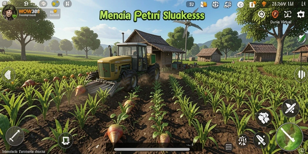 Tangkapan layar gameplay WOW388 menampilkan aktivitas bertani yang menarik dan interaksi sosial.